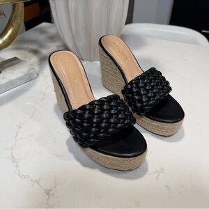 Kayleen Black Wedge Sandals Braided Strap Espadrille Platform Summer Size 6.5